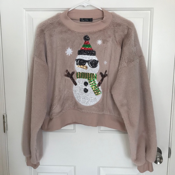 Christmas Third Wish Faux-Fur Sequin Snowman Cropped Sweatshirt Size L Mauve - Picture 1 of 6